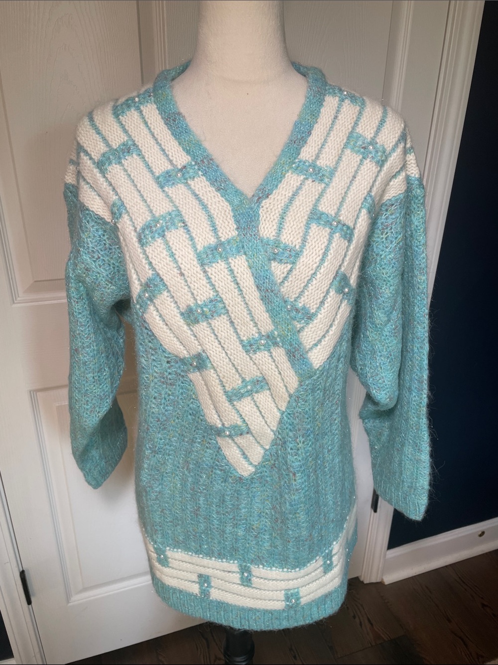 Vintage 80s Premiere Turquoise Knit Embellished V-Neck Bib Oversized Sweater SzS